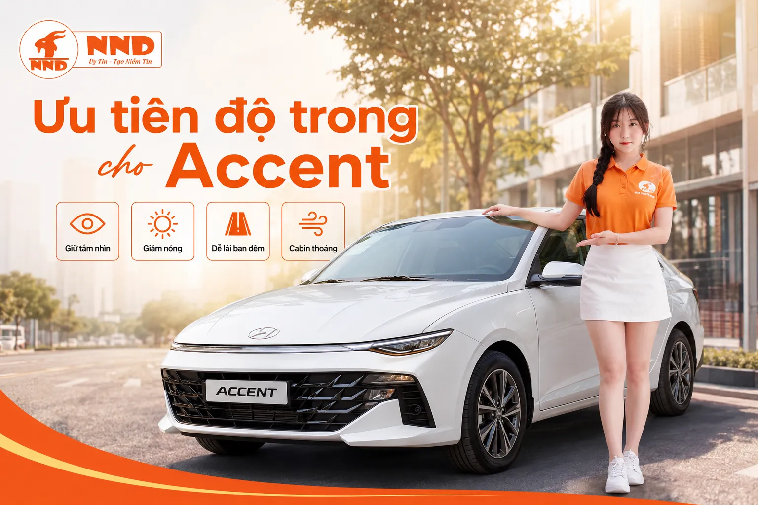 Phim cách nhiệt Hyundai Accent giúp giảm nóng cho khoang sedan đô thị, hạn chế tia UV, duy trì tầm nhìn và tạo sự thuận tiện khi xe thường xuyên chạy cả ngày lẫn đêm.