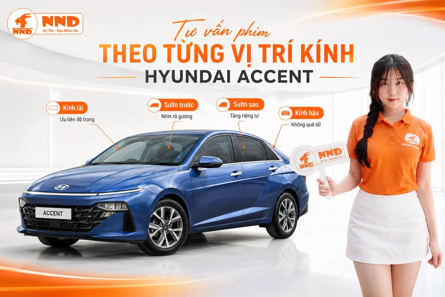 Phim cách nhiệt Hyundai Accent nên dùng kính lái có độ trong cao, sườn trước dễ nhìn gương, còn sườn sau và kính hậu được phối tối vừa phải để tăng riêng tư.