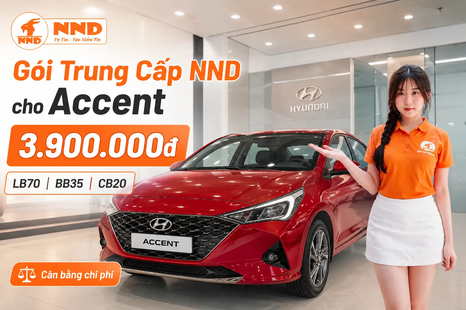 Phim cách nhiệt Hyundai Accent với gói Trung Cấp NND 3.900.000đ sử dụng LB70 cho kính lái, BB35 tại sườn trước và CB20 cho khu vực phía sau.