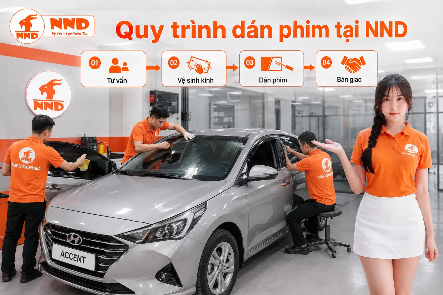 Quy trình dán phim cách nhiệt Hyundai Accent tại NND gồm kiểm tra nhu cầu, che chắn vệ sinh kính, cắt sấy dán phim, kiểm tra khả năng quan sát và bàn giao.