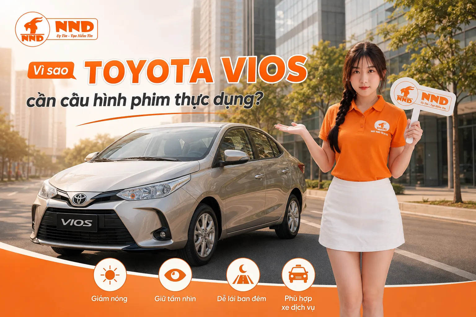 Phim cách nhiệt Toyota Vios giúp giảm nóng, hạn chế tia UV và duy trì tầm nhìn rõ cho xe gia đình hoặc xe dịch vụ thường xuyên hoạt động trong đô thị.