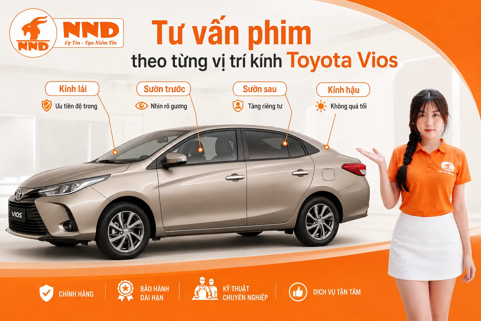 Phim cách nhiệt Toyota Vios nên dùng kính lái sáng rõ, kính sườn trước dễ quan sát gương, còn kính sườn sau và kính hậu có thể tối hơn để tăng riêng tư.