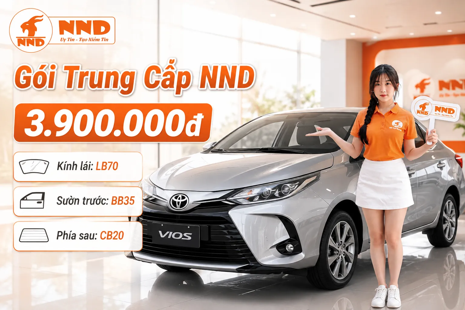 Phim cách nhiệt Toyota Vios với gói Trung Cấp NND 3.900.000đ sử dụng LB70 cho kính lái, BB35 tại sườn trước và CB20 cho khu vực phía sau.