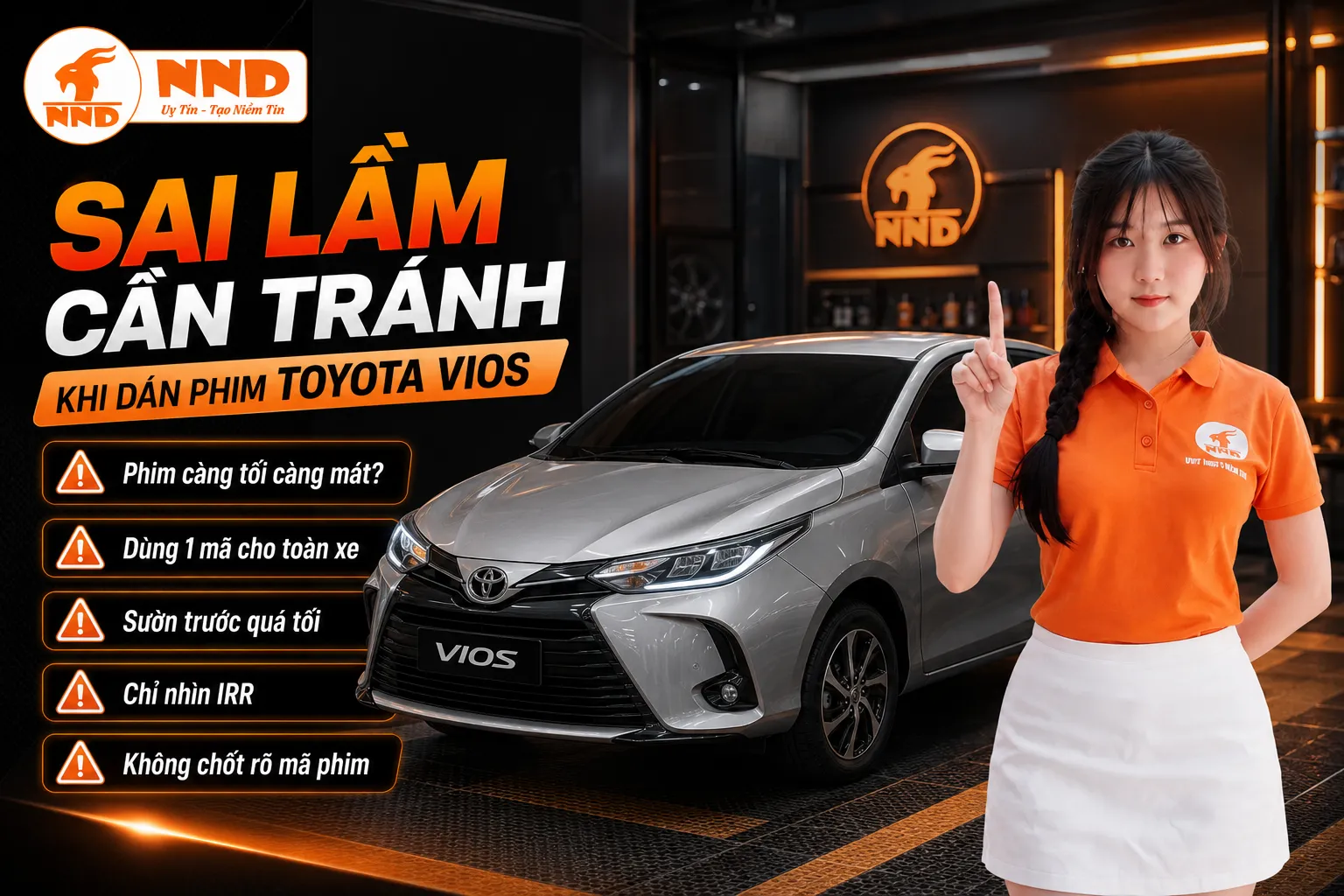 Những sai lầm khi dán phim cách nhiệt Toyota Vios gồm cho rằng phim càng tối càng mát, dùng một mã cho toàn xe, chọn sườn trước quá tối và không chốt rõ mã phim.