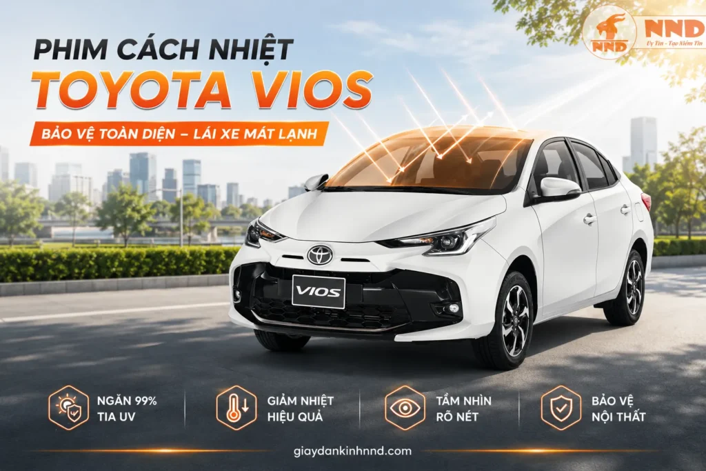Phim cách nhiệt Toyota Vios giúp giảm nóng trong cabin, ngăn 99% tia UV, bảo vệ nội thất và duy trì tầm nhìn rõ nét.