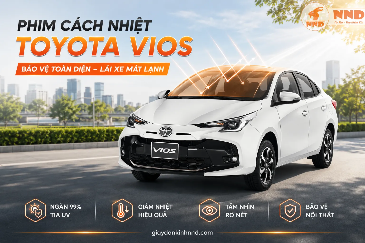 Phim cách nhiệt Toyota Vios giúp giảm nóng trong cabin, ngăn 99% tia UV, bảo vệ nội thất và duy trì tầm nhìn rõ nét.