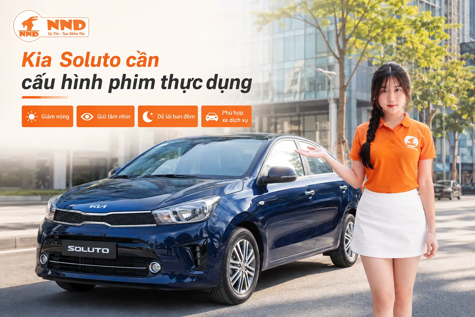 Phim cách nhiệt Kia Soluto giúp khoang sedan đô thị giảm nóng, chống tia UV, duy trì khả năng quan sát và đáp ứng nhu cầu sử dụng gia đình hoặc chạy dịch vụ.