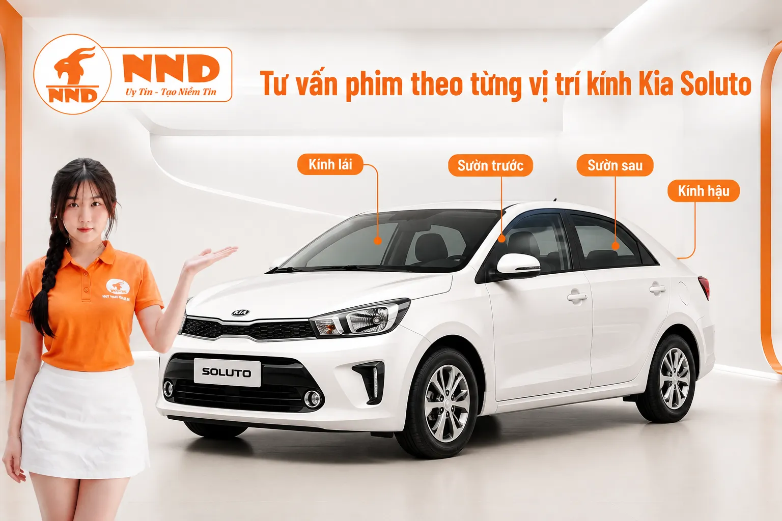 Phim cách nhiệt Kia Soluto cần phối kính lái có độ trong cao, kính sườn trước dễ nhìn gương, còn khu vực phía sau tối vừa phải để tăng sự kín đáo.