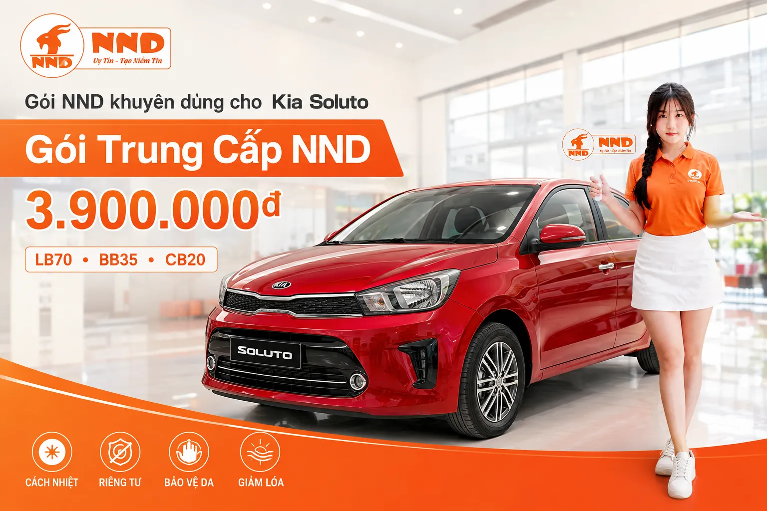 Phim cách nhiệt Kia Soluto với gói Trung Cấp NND 3.900.000đ sử dụng LB70 cho kính lái, BB35 ở sườn trước và CB20 cho phần kính phía sau.