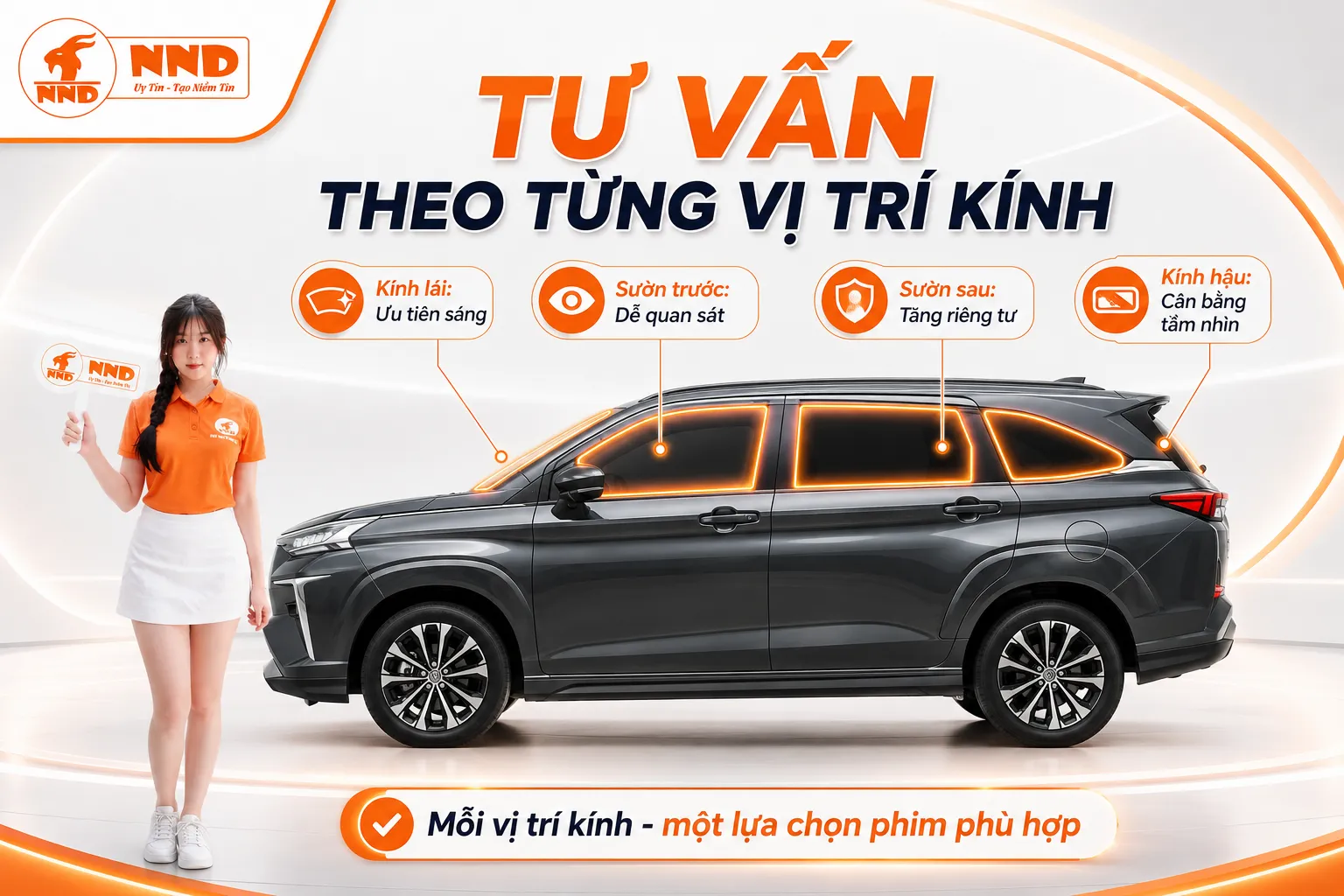 Tư vấn phim cách nhiệt Toyota Veloz Cross theo kính lái, kính sườn trước, kính sườn sau và kính hậu để tối ưu tầm nhìn.