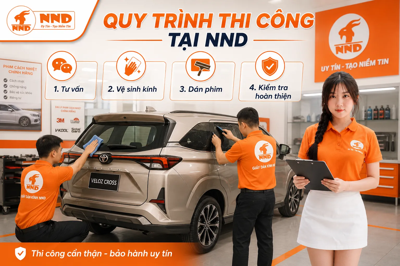 Quy trình thi công phim cách nhiệt Toyota Veloz Cross tại NND được thực hiện cẩn thận từ vệ sinh kính đến kiểm tra hoàn thiện.