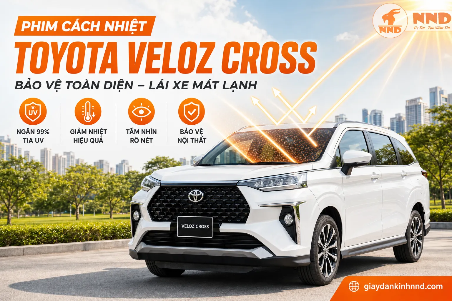 Phim cách nhiệt Toyota Veloz Cross giúp giảm nóng, ngăn 99% tia UV, bảo vệ nội thất và duy trì tầm nhìn rõ nét khi lái xe.