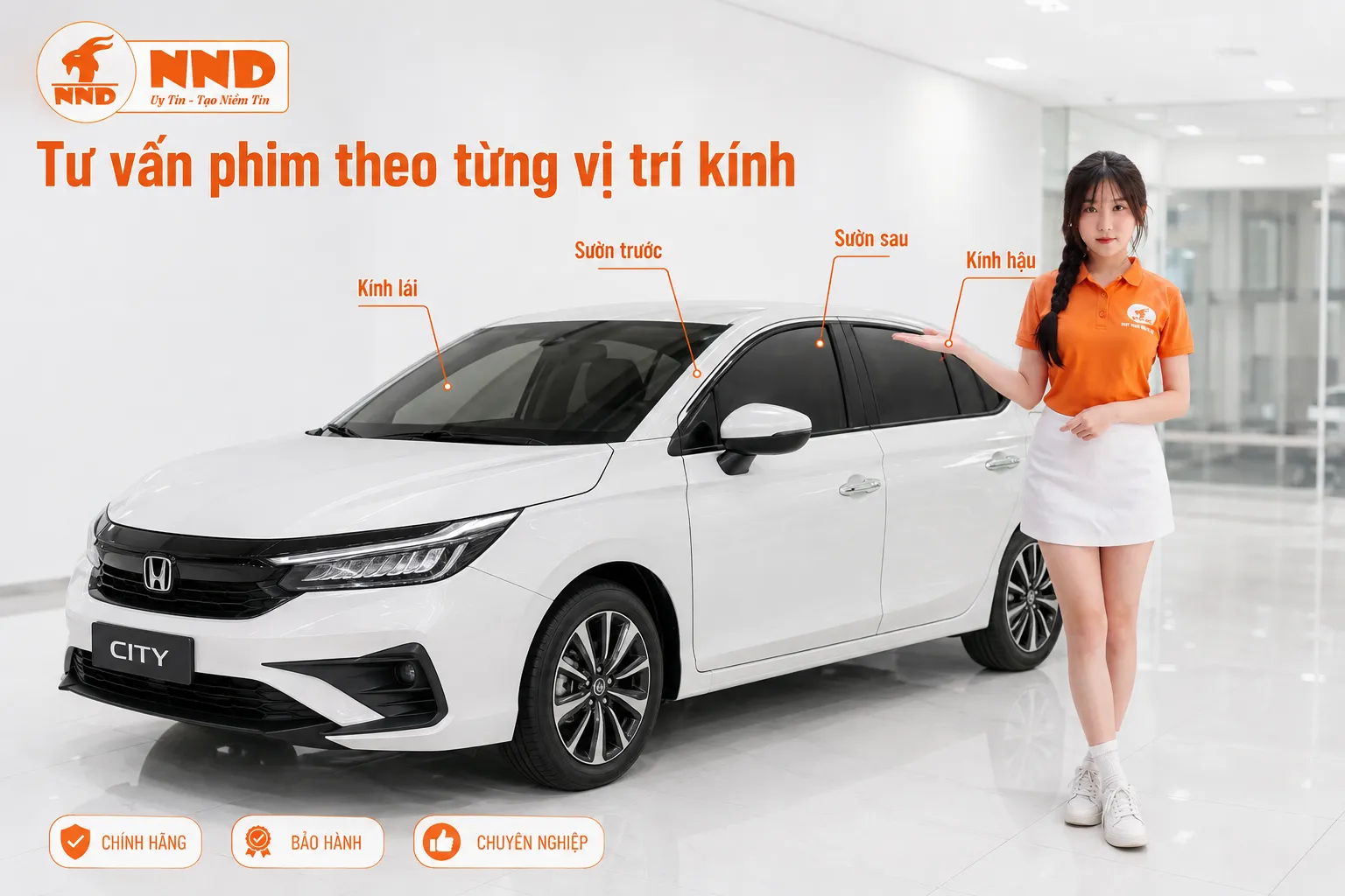 Phim cách nhiệt Honda City nên được phối riêng cho kính lái, sườn trước, sườn sau và kính hậu để cân bằng giữa chống nóng, tầm nhìn và sự kín đáo.