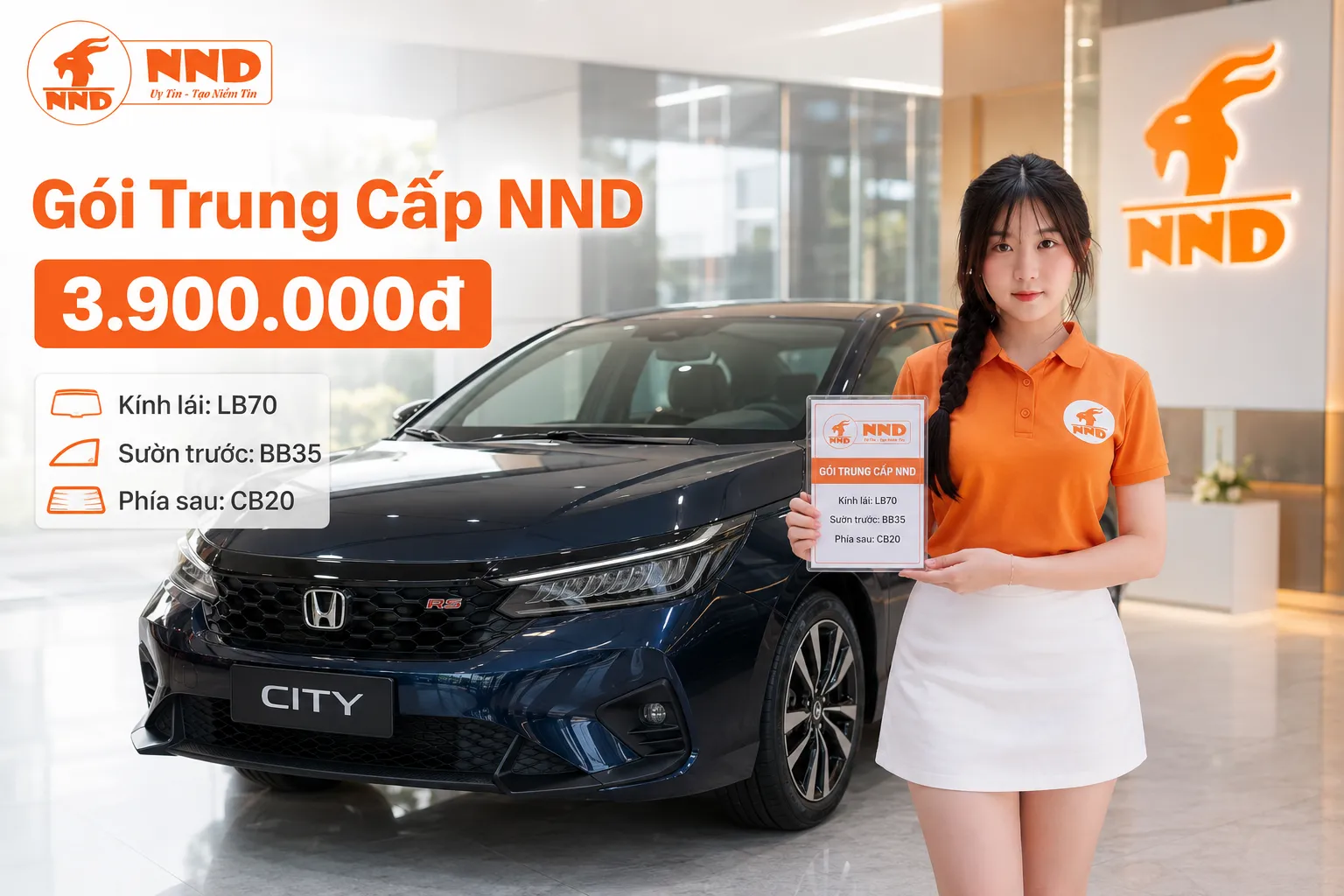 Phim cách nhiệt Honda City với gói Trung Cấp NND 3.900.000đ sử dụng LB70 cho kính lái, BB35 ở sườn trước và CB20 cho khu vực phía sau.