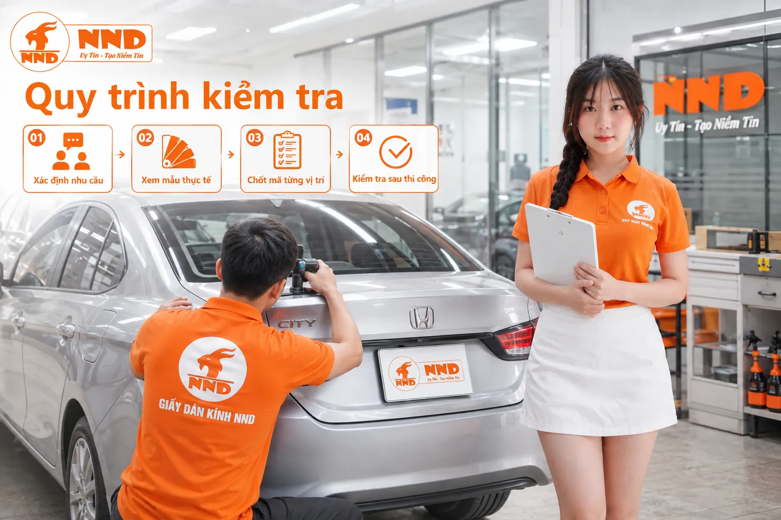 Quy trình kiểm tra phim cách nhiệt Honda City gồm xác định nhu cầu, xem mẫu thực tế, chốt mã cho từng vị trí kính, thi công và kiểm tra chất lượng sau hoàn thiện.