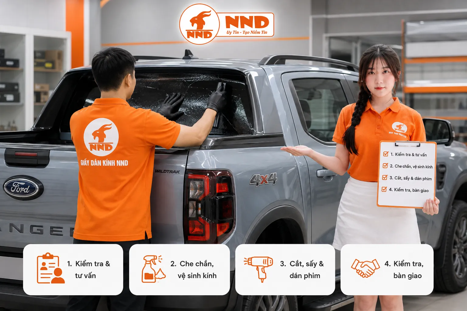 Quy trình dán phim cách nhiệt Ford Ranger tại NND
