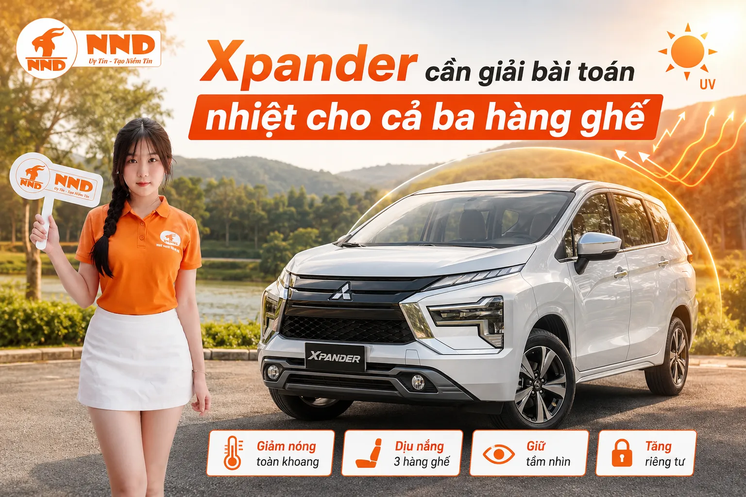 Phim cách nhiệt Mitsubishi Xpander giúp giảm nóng cho cả ba hàng ghế, làm dịu nắng qua hệ thống kính dài và tăng sự riêng tư cho khoang MPV 7 chỗ.