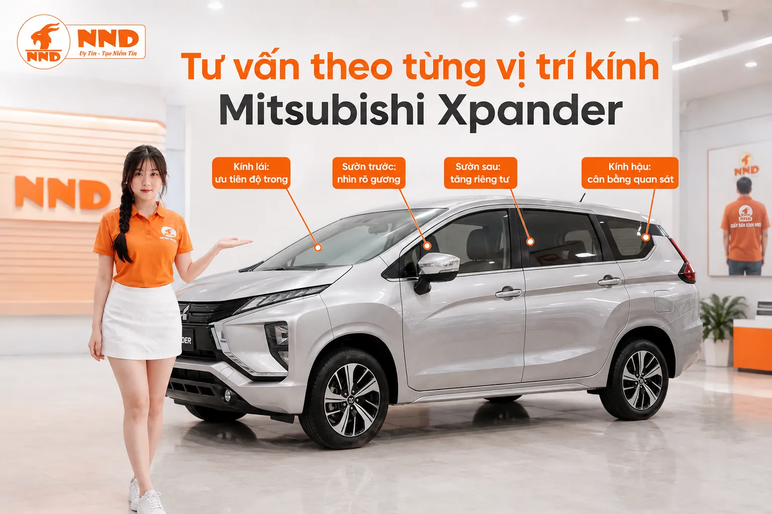Phim cách nhiệt Mitsubishi Xpander nên phối kính lái sáng nhất, sườn trước sáng vừa, còn sườn sau và kính hậu tối hơn để bảo vệ hành khách hàng ghế hai và ba.