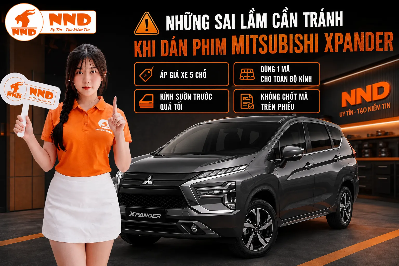 Những sai lầm khi dán phim cách nhiệt Mitsubishi Xpander gồm áp giá xe 5 chỗ, dùng một mã cho toàn xe, chọn sườn trước quá tối, chỉ chăm chút hàng ghế trước và không chốt mã phim.