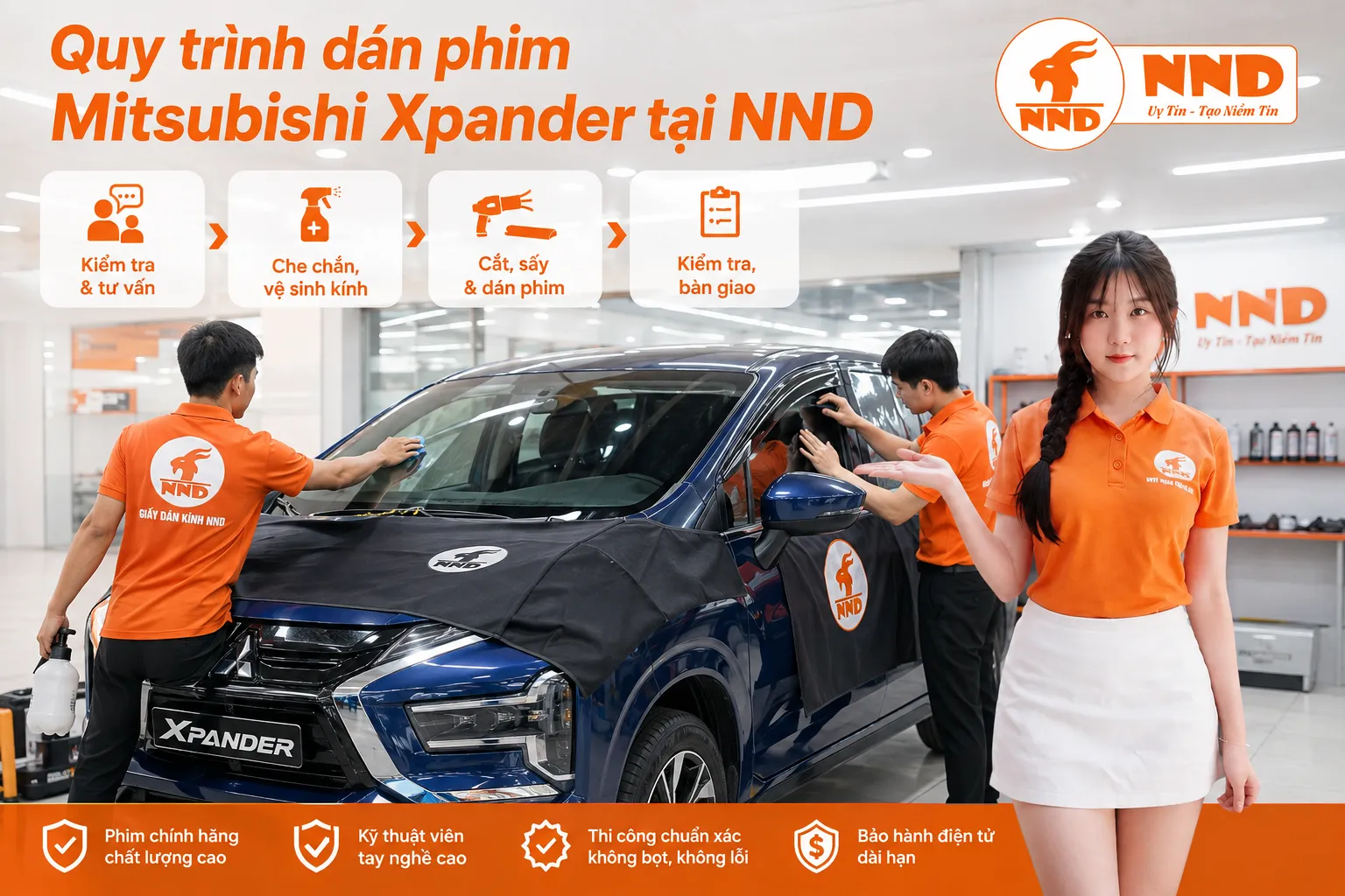 Quy trình dán phim cách nhiệt Mitsubishi Xpander tại NND gồm kiểm tra số lượng và hiện trạng kính, tư vấn từng vị trí, che chắn vệ sinh, cắt sấy dán phim và bàn giao xe.