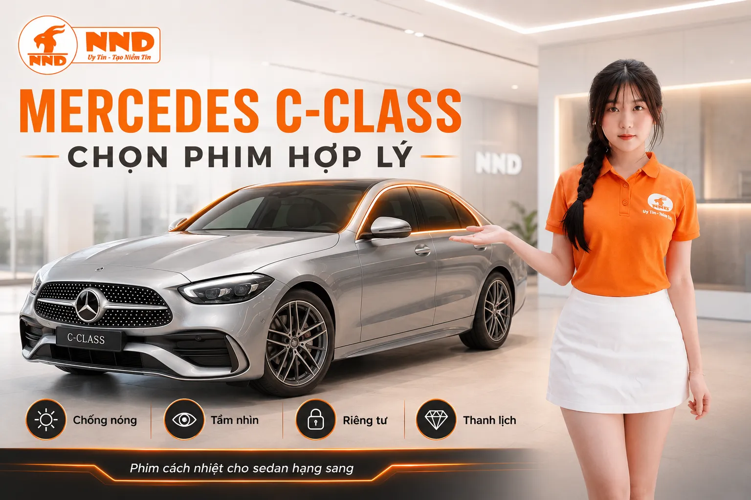Phim cách nhiệt Mercedes C-Class giúp chống nóng, giữ tầm nhìn rõ, tăng riêng tư và giữ vẻ thanh lịch cho sedan hạng sang.