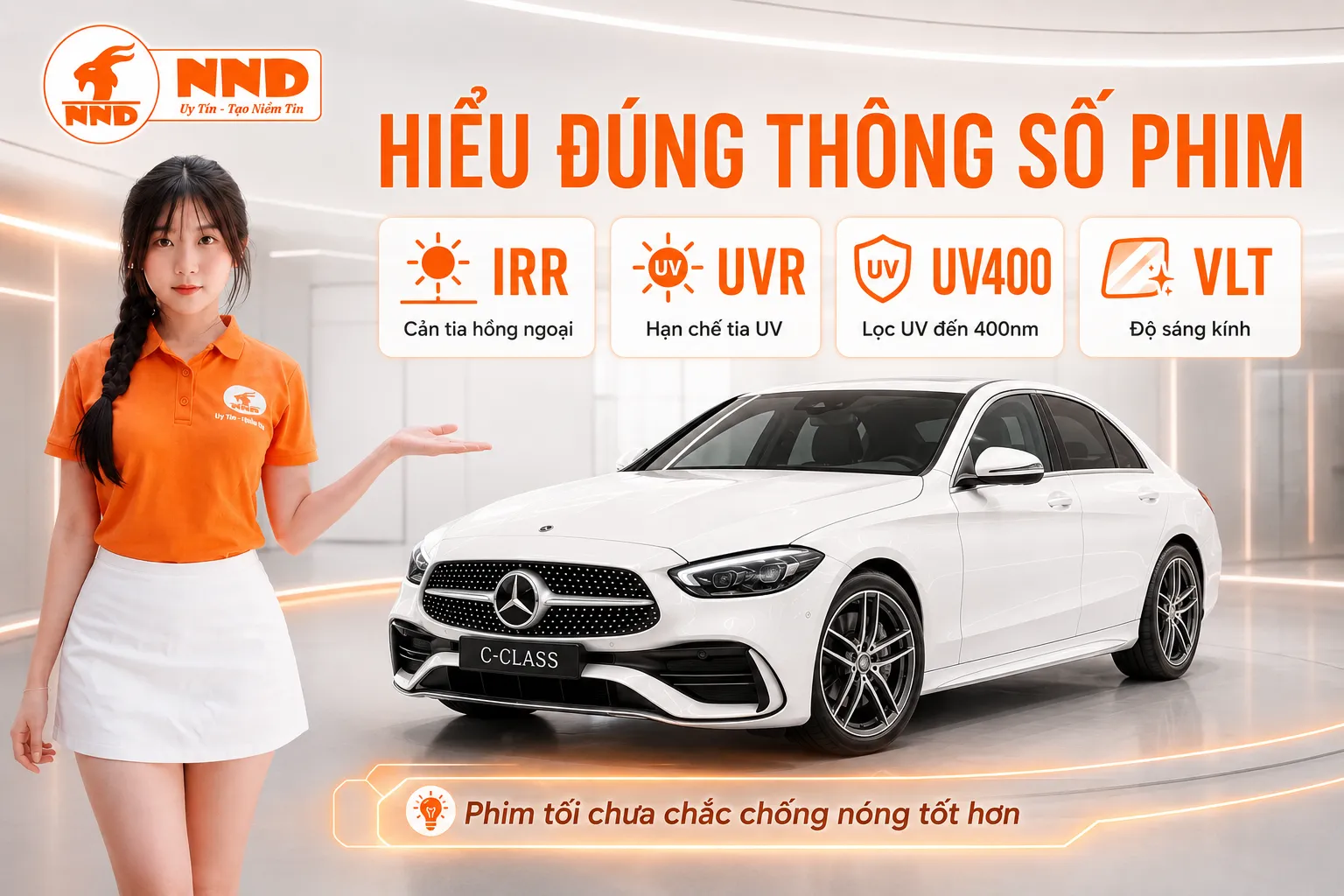 Các thông số IRR, UVR, UV400 và VLT cần được hiểu đúng khi chọn phim cách nhiệt Mercedes C-Class để đảm bảo hiệu quả sử dụng thực tế.