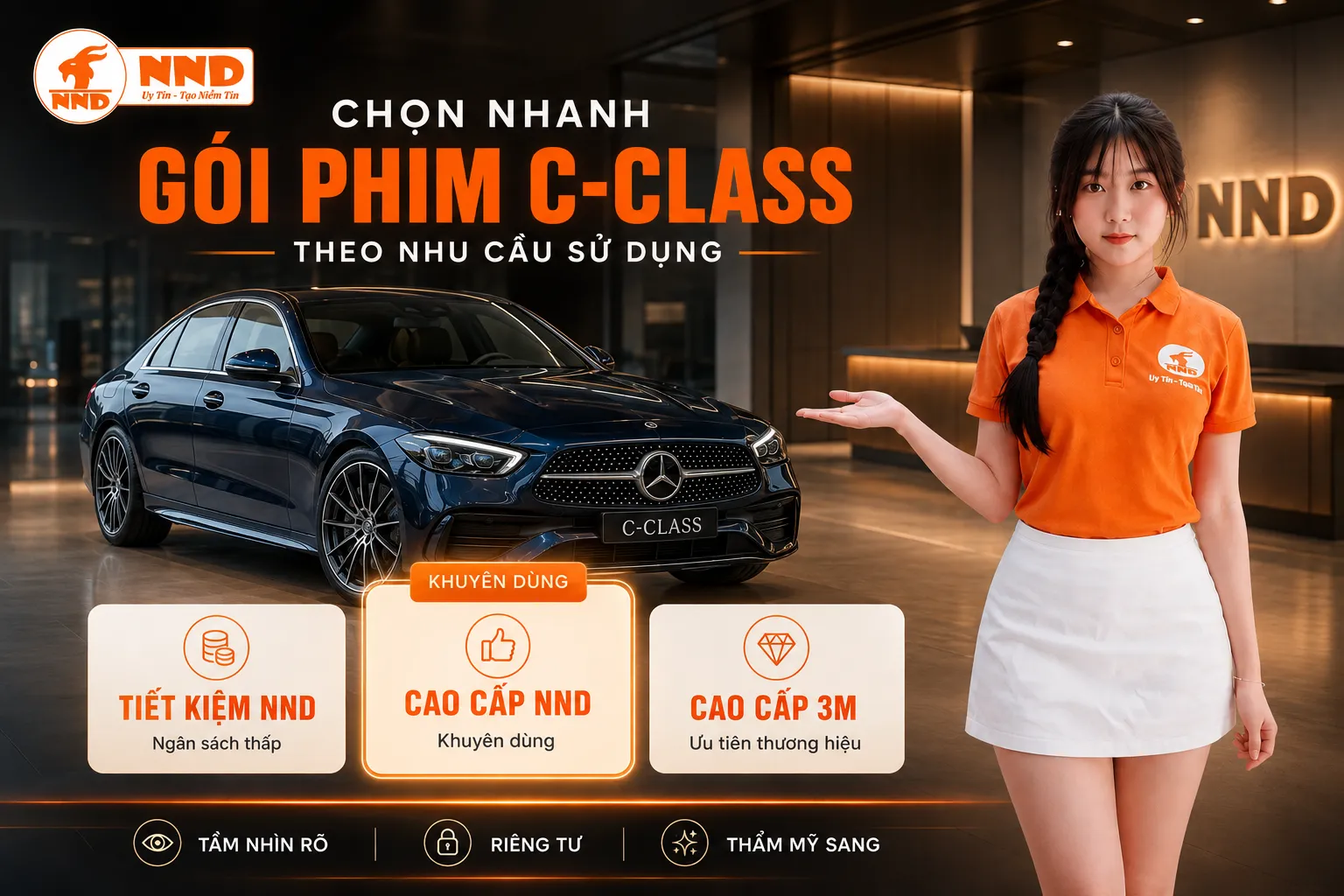 Gợi ý các gói phim cách nhiệt Mercedes C-Class gồm tiết kiệm NND, cao cấp NND và cao cấp 3M theo nhu cầu sử dụng.