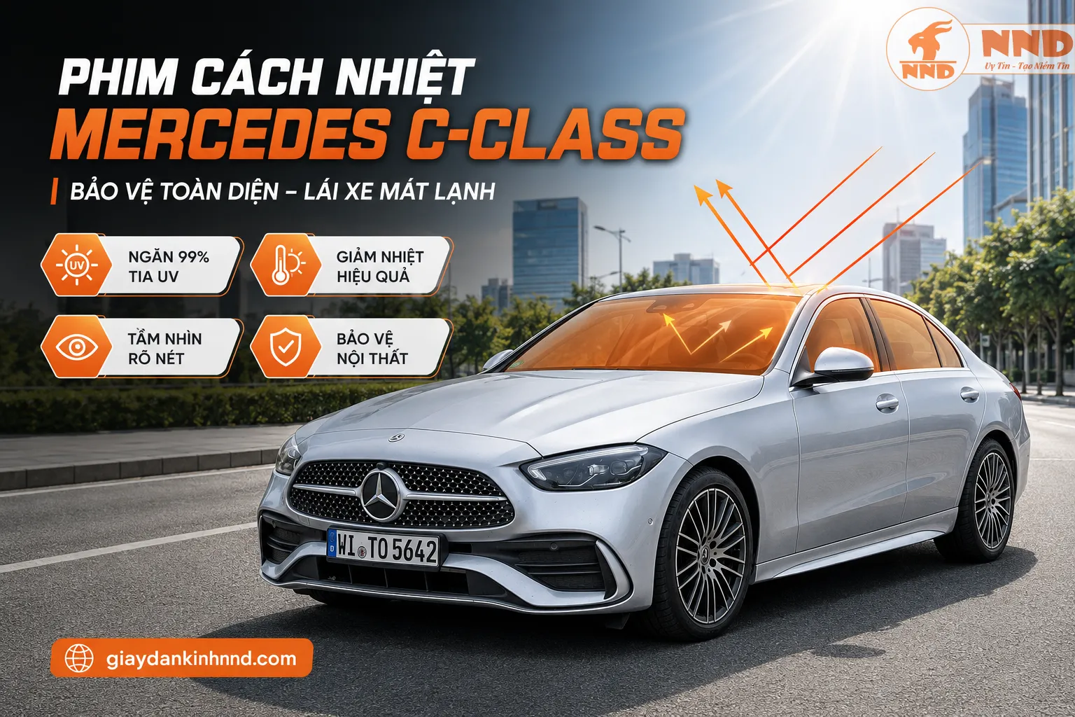 Phim cách nhiệt Mercedes C-Class mang đến khả năng chống nóng, ngăn tia UV và giữ tầm nhìn rõ ràng khi di chuyển cả ngày lẫn đêm.