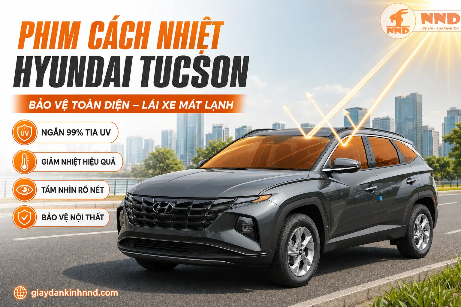 Phim cách nhiệt Hyundai Tucson hỗ trợ giảm nóng toàn diện, bảo vệ nội thất và tạo cảm giác dễ chịu trong những ngày nắng gắt.