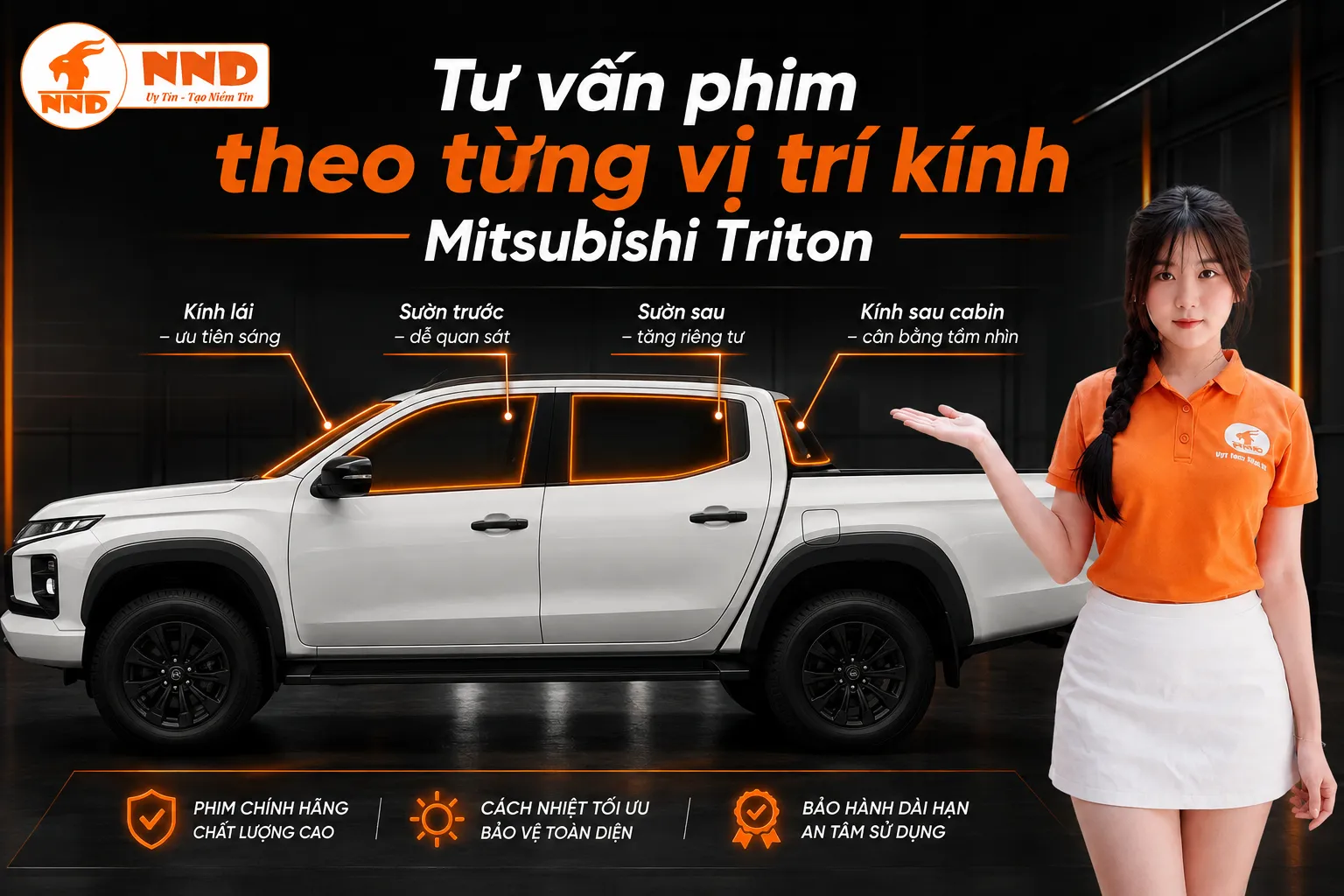 Tư vấn phim cách nhiệt Mitsubishi Triton theo từng vị trí kính như kính lái, sườn trước, sườn sau và kính sau cabin.