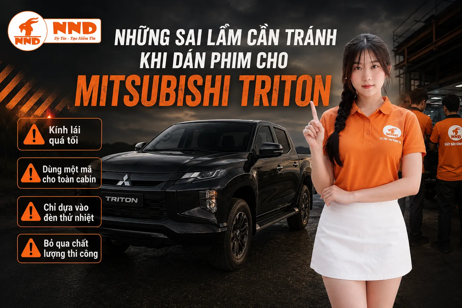 Những sai lầm cần tránh khi dán phim cách nhiệt Mitsubishi Triton gồm chọn kính lái quá tối, dùng một mã phim cho toàn cabin và bỏ qua chất lượng thi công.