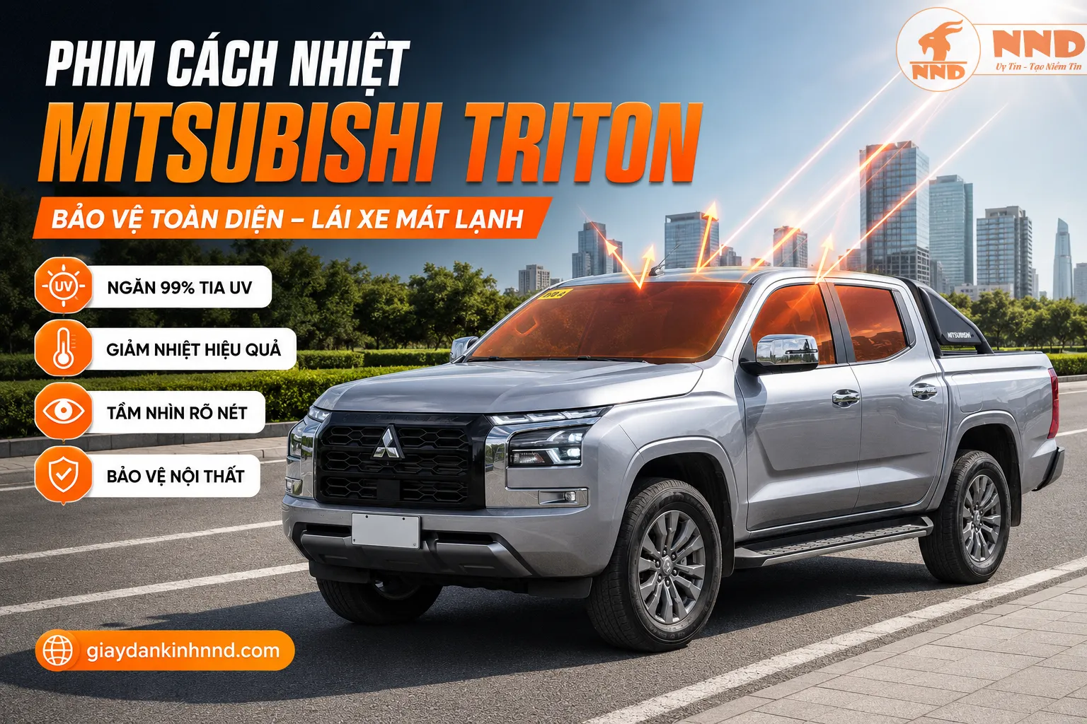 Phim cách nhiệt Mitsubishi Triton giúp cabin bán tải mát hơn, giảm chói, ngăn tia UV và nâng cao sự thoải mái khi di chuyển đường dài.
