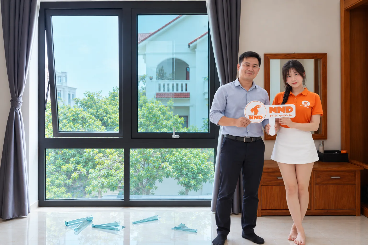 Đại diện công trình chụp ảnh cùng nhân viên NND sau khi hoàn thiện phim cách nhiệt AP7080 cho cửa kính biệt thự Vinhomes Riverside