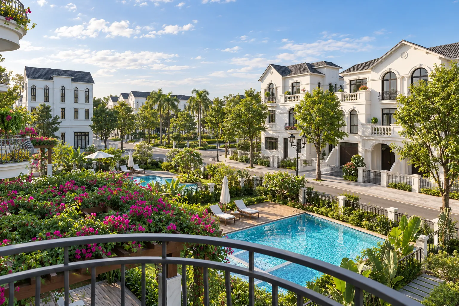 Toàn cảnh khu biệt thự Vinhomes Riverside Long Biên, bối cảnh công trình dán phim cách nhiệt AP7080 của NND