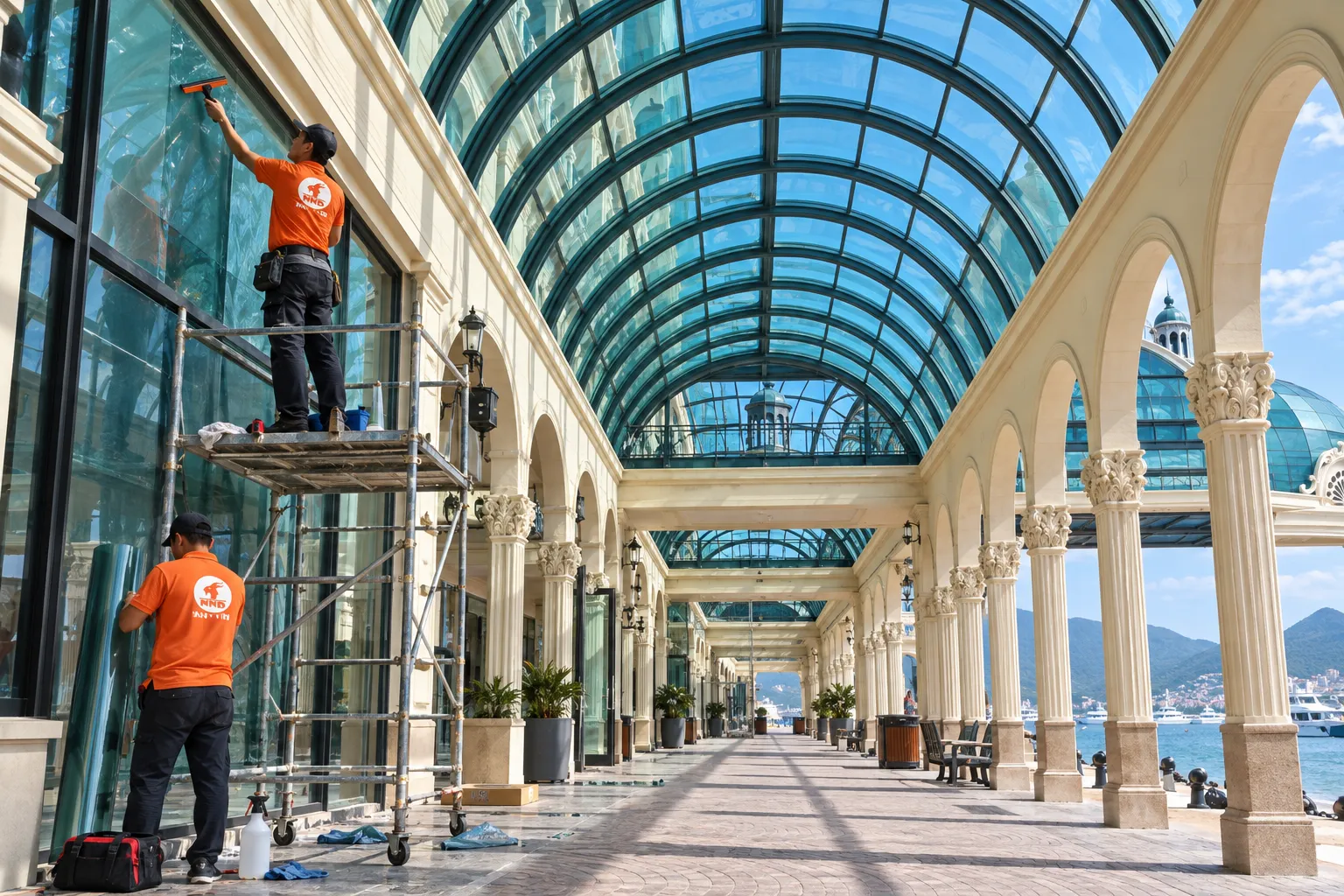 Kỹ thuật viên NND thi công phim cách nhiệt cho hệ vách kính tại Vinpearl Hòn Tre