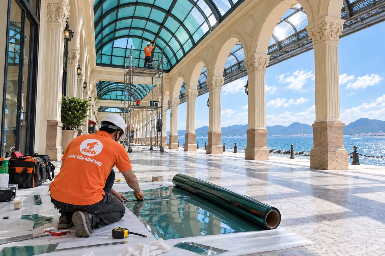 Đội ngũ NND chuẩn bị và thi công phim cách nhiệt LB70 tại Vinpearl Hòn Tre Nha Trang
