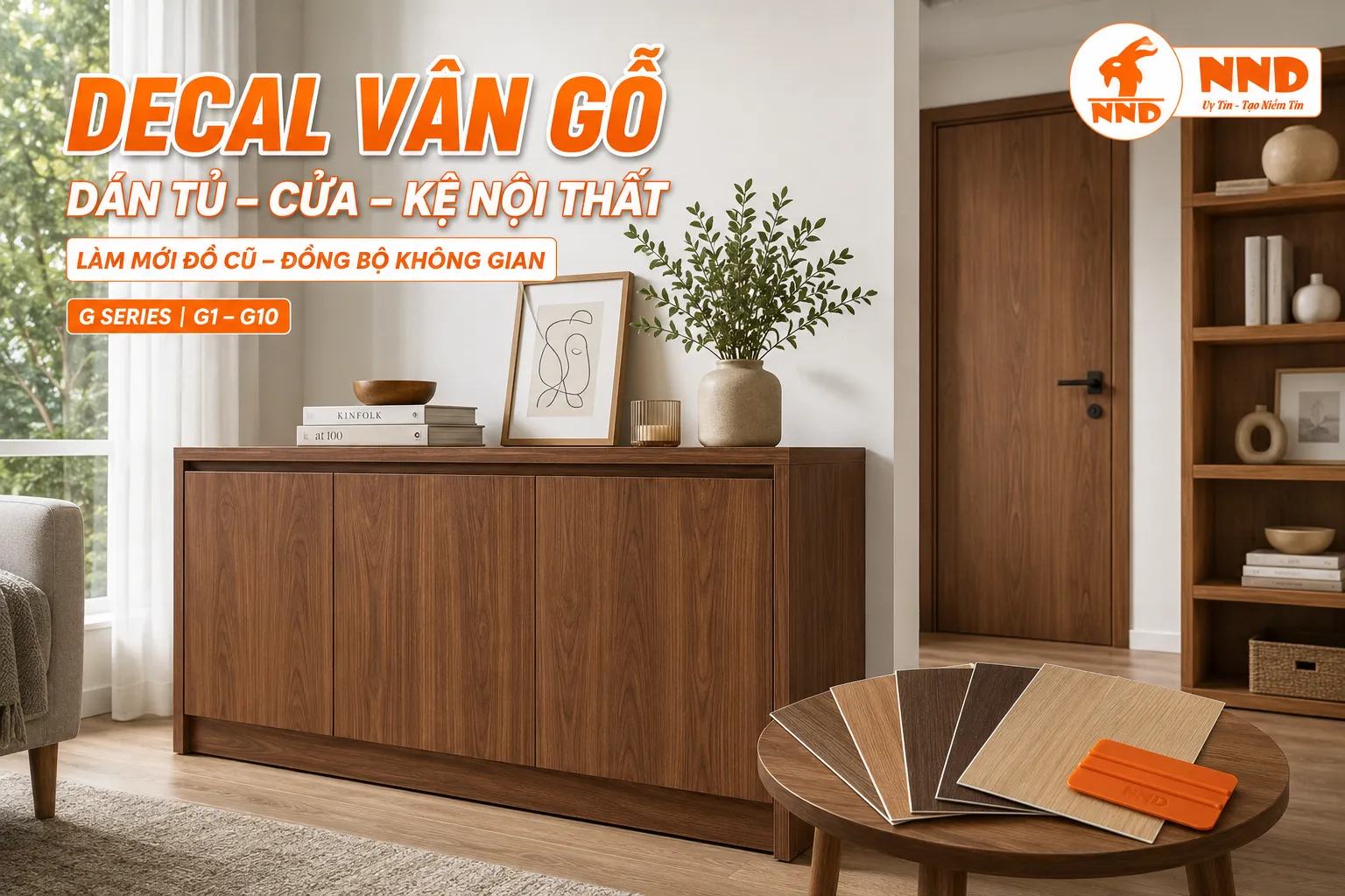 Tủ, cửa và kệ nội thất được đồng bộ màu nâu bằng decal vân gỗ mã G