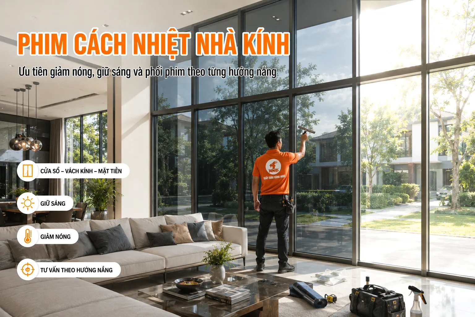 Kỹ thuật viên NND thi công phim cách nhiệt cho hệ cửa kính lớn, hỗ trợ giảm nóng và giữ ánh sáng tự nhiên.