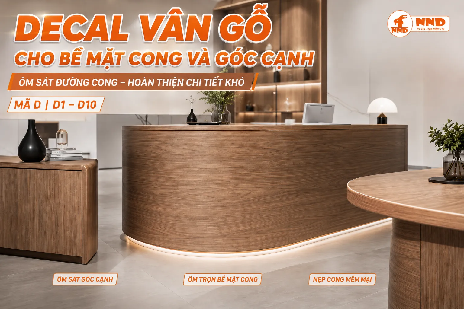 Quầy lễ tân bo cong được phủ phim nội thất vân gỗ mã D để ôm sát đường cong và mép cạnh