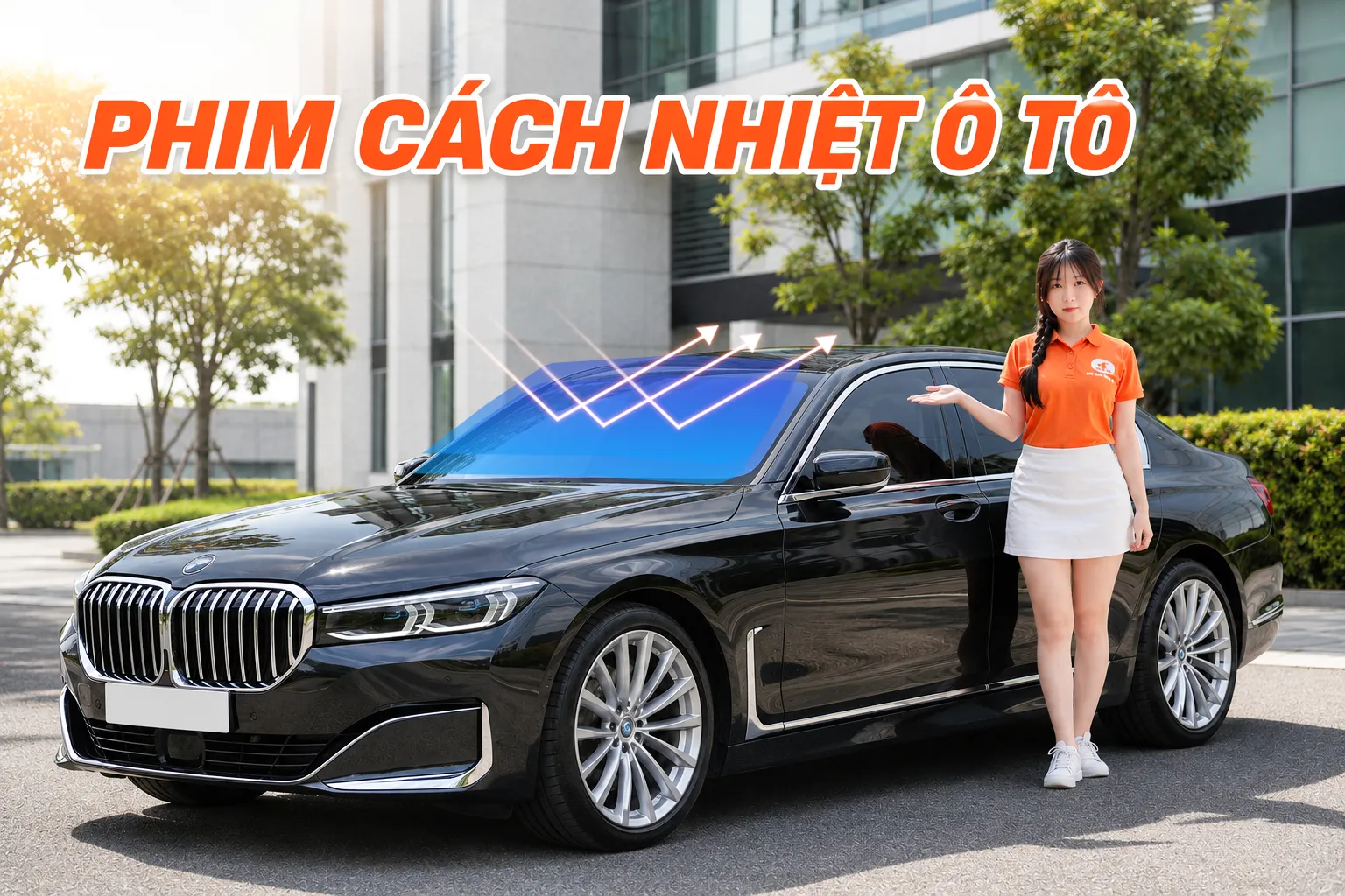 Nhân viên NND giới thiệu phim cách nhiệt ô tô trên xe màu đen, hỗ trợ giảm nóng và hạn chế chói nắng.