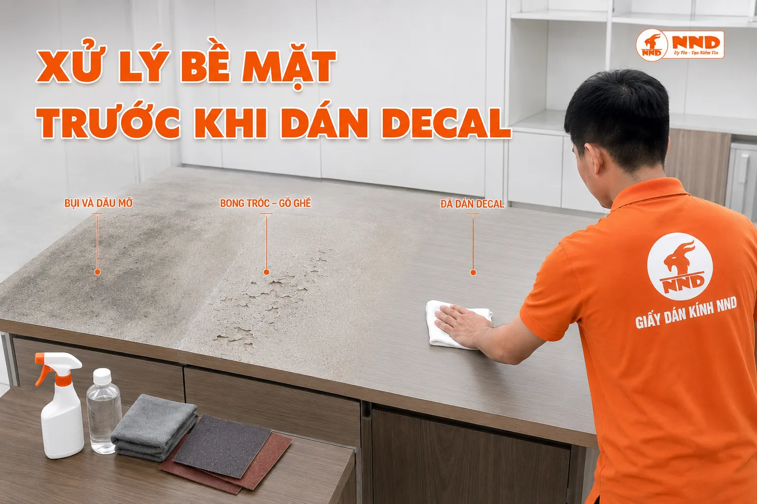 Thợ vệ sinh, chà nhám và xử lý mặt bàn trước khi tiến hành dán decal nội thất