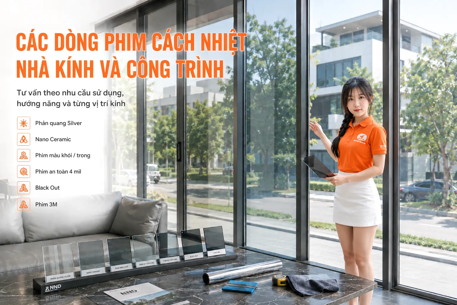 Nhân viên NND tư vấn các dòng phim cách nhiệt nhà kính và công trình theo hướng nắng và nhu cầu sử dụng.