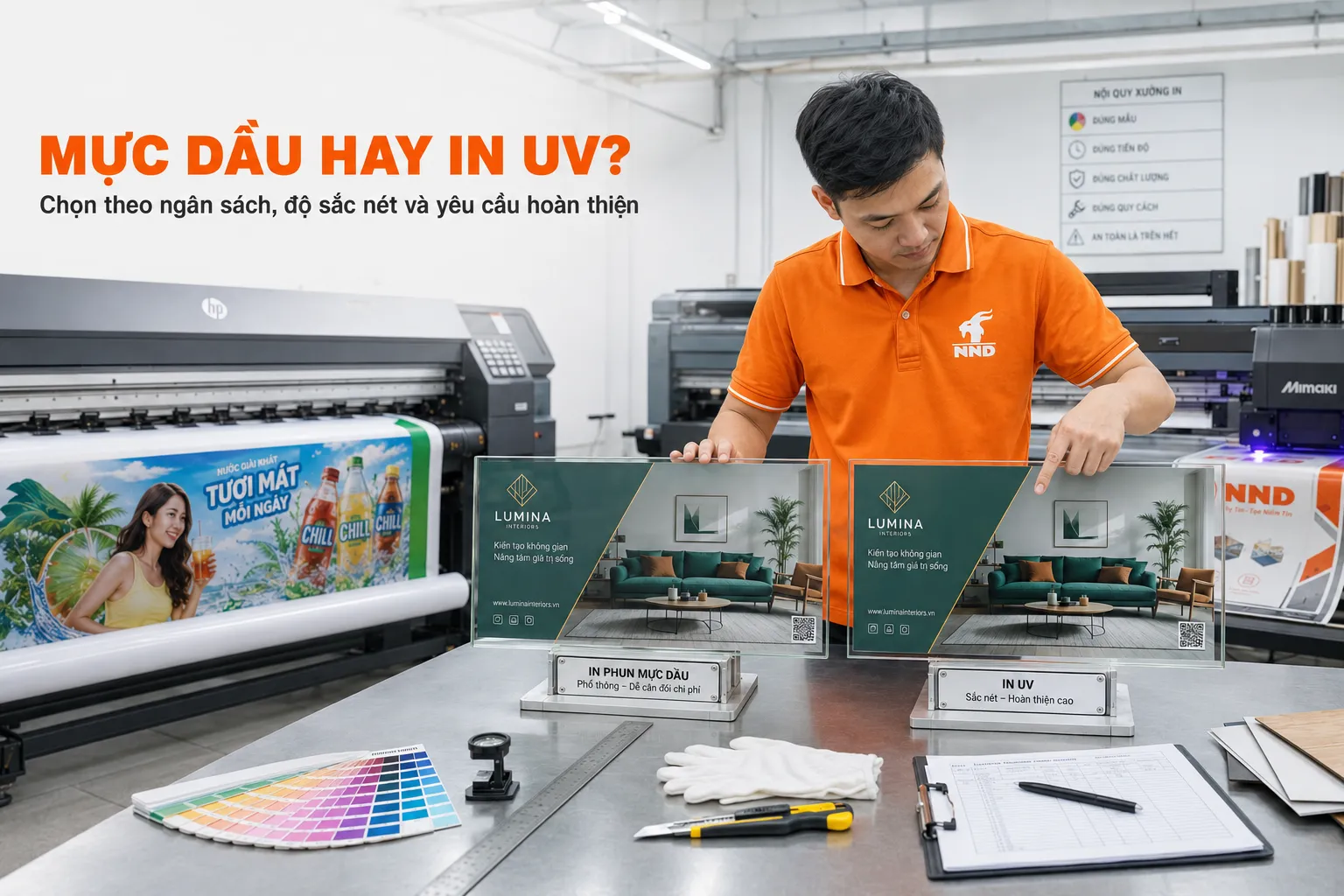 So sánh in phun mực dầu và in UV cho decal dán kính tại xưởng NND