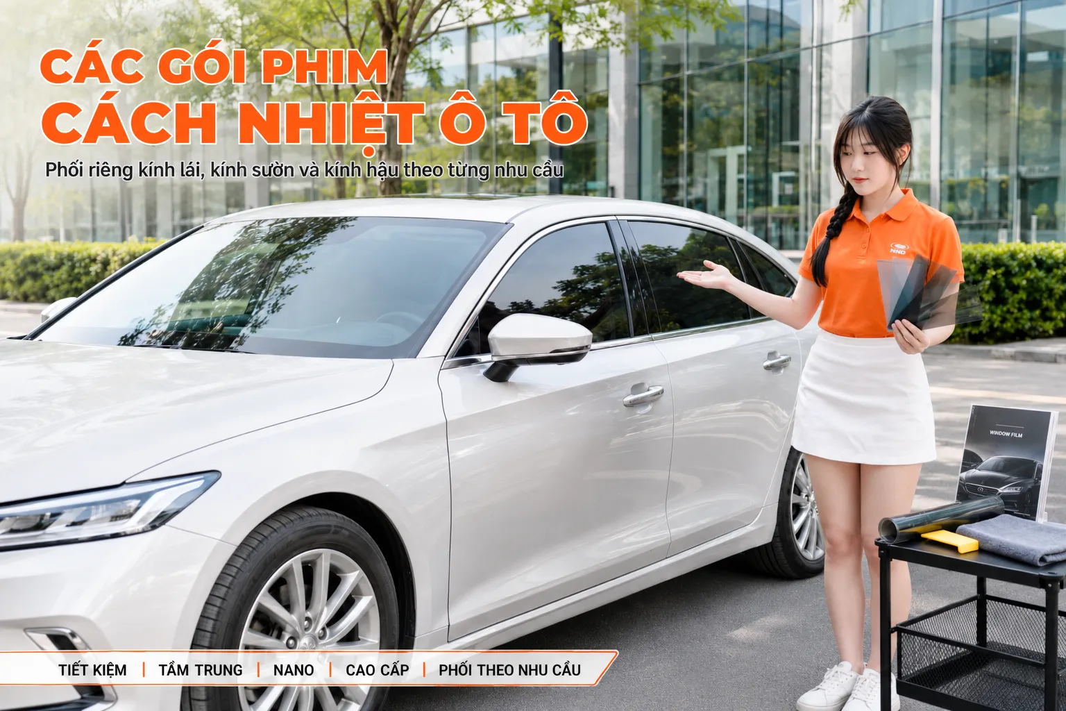 Nhân viên NND giới thiệu các gói phim cách nhiệt ô tô cho kính lái, kính sườn và kính hậu.