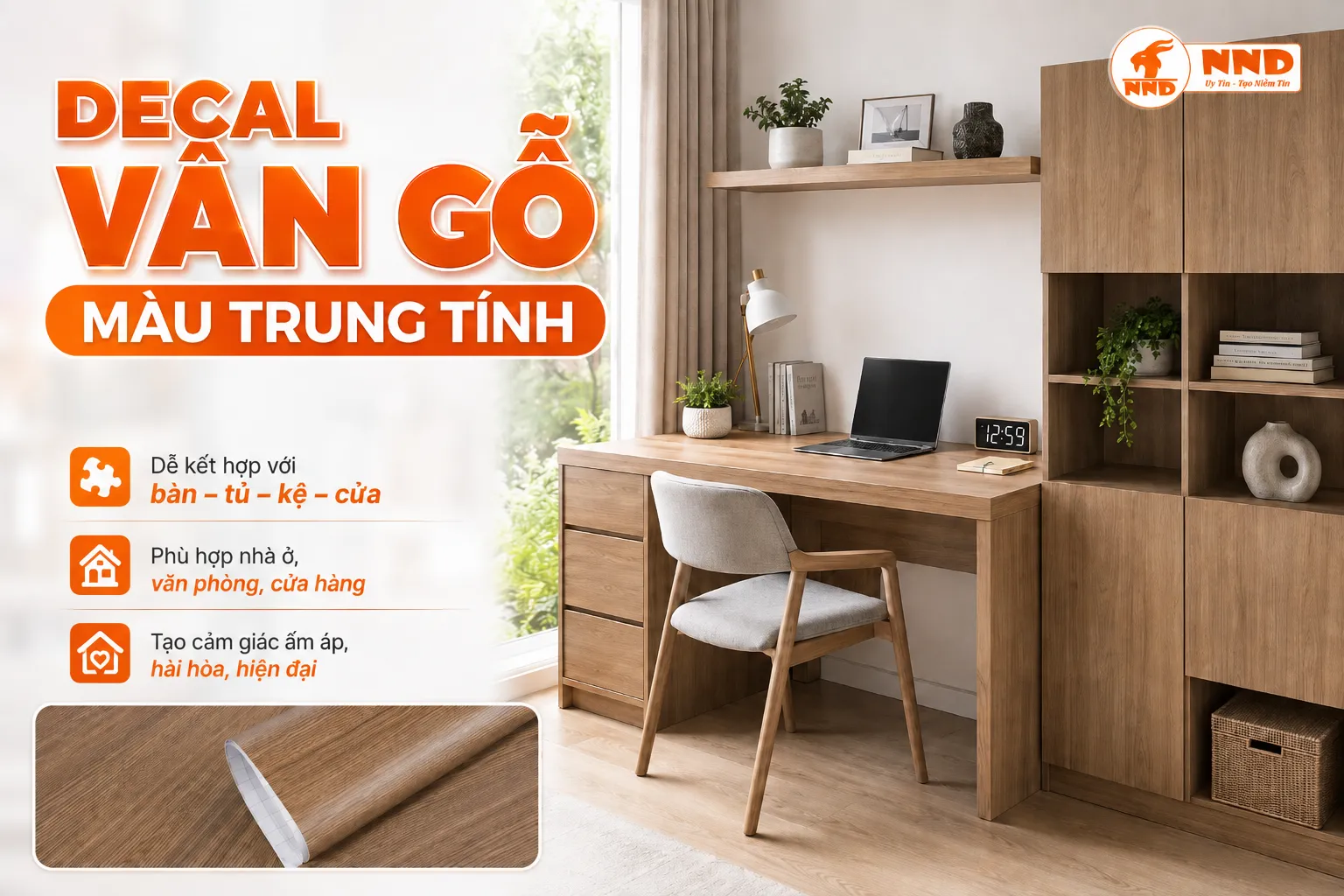 Không gian làm việc phối màu vân gỗ trung tính trên bàn, tủ và hệ kệ nội thất