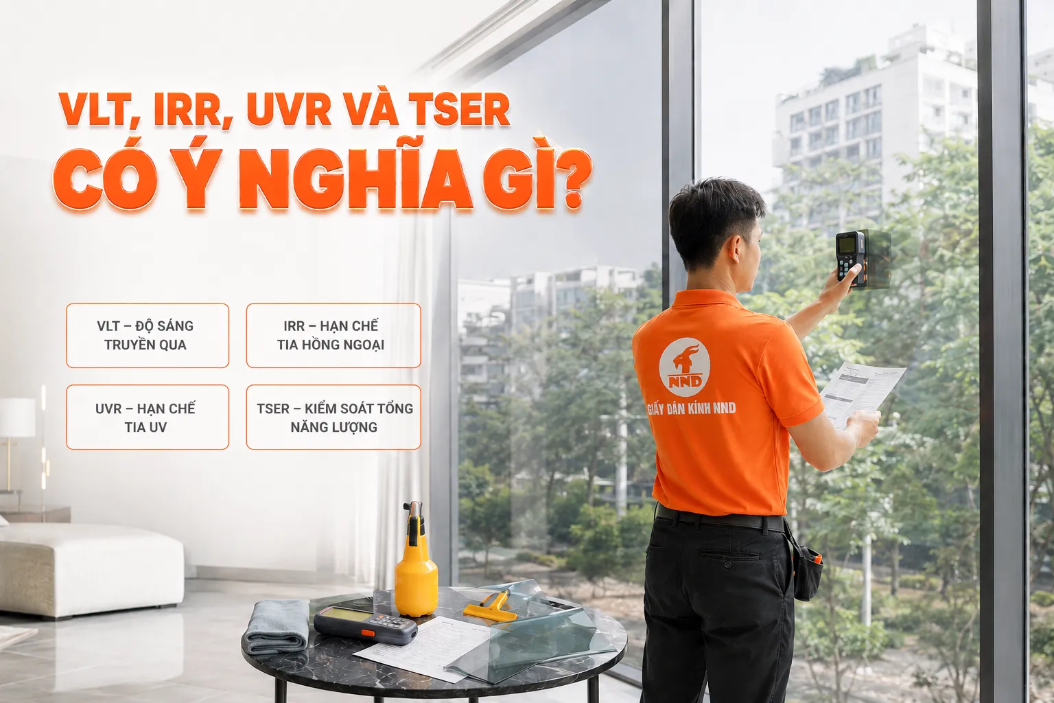 Kỹ thuật viên NND đo thông số phim cách nhiệt trên kính gồm VLT, IRR, UVR và TSER.