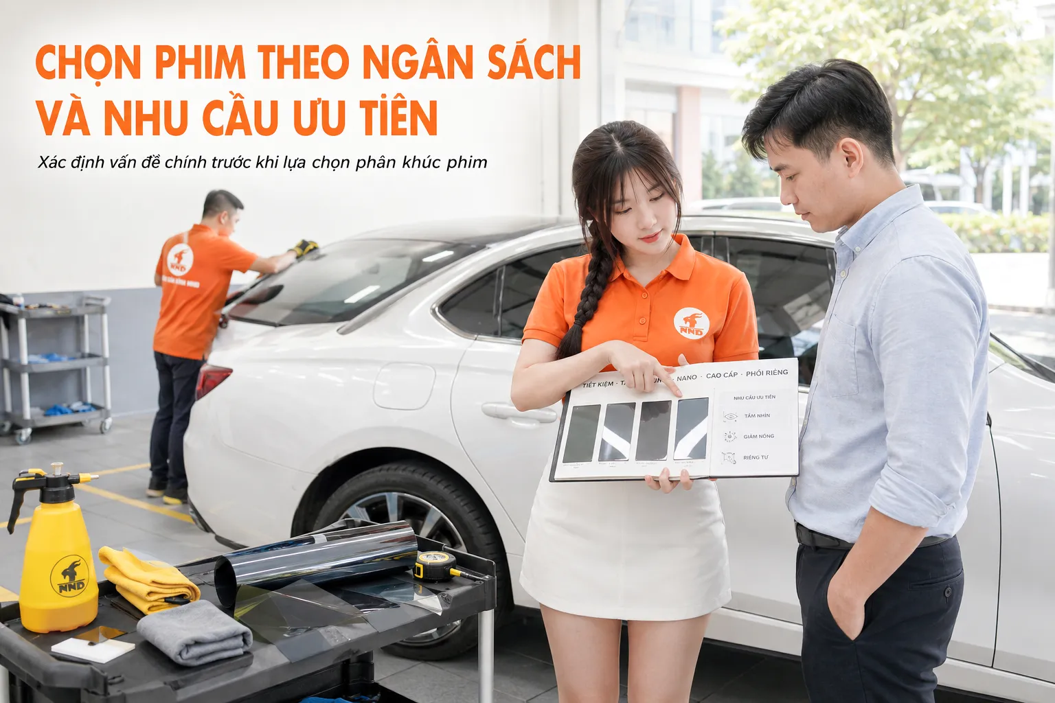 Nhân viên NND tư vấn lựa chọn phim cách nhiệt ô tô theo ngân sách và nhu cầu ưu tiên của khách hàng.