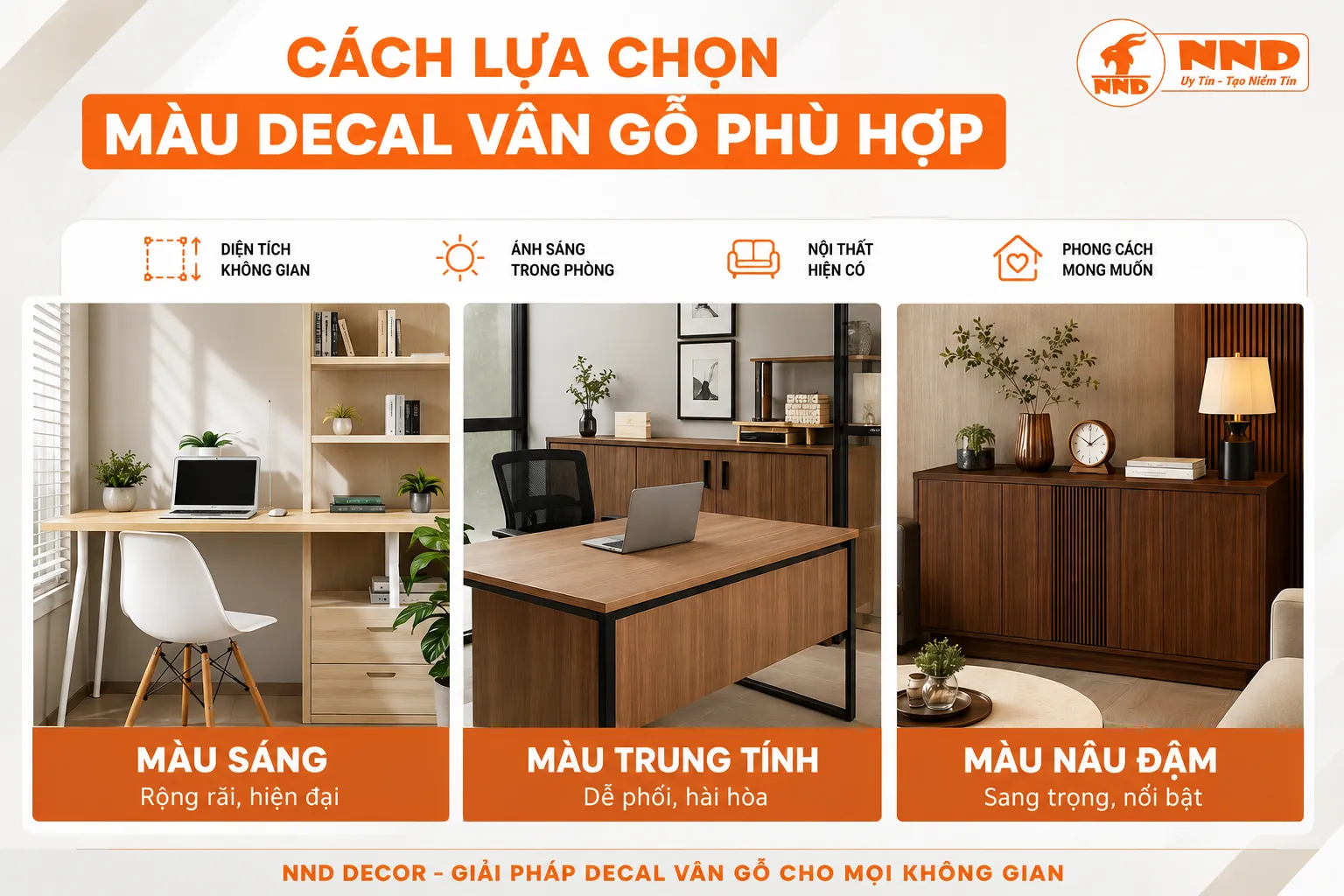 Gợi ý chọn màu decal vân gỗ theo diện tích, ánh sáng, nội thất hiện có và phong cách mong muốn