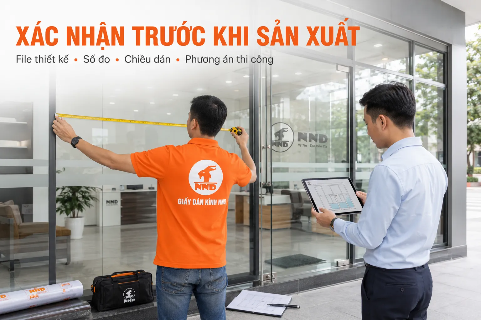 Kỹ thuật viên NND đo kích thước kính và xác nhận file trước khi sản xuất decal