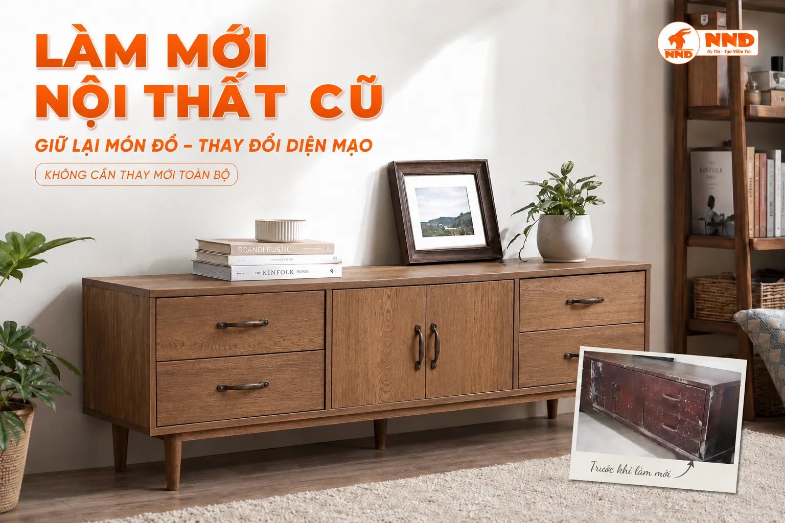 Tủ gỗ cũ trầy xước được làm mới bằng decal vân gỗ màu nâu, kèm ảnh hiện trạng trước thi công